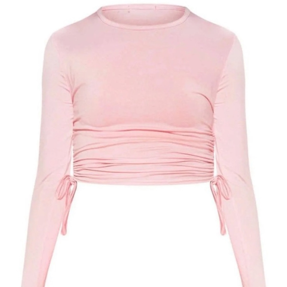 Baby pink ruched long sleeve crop top
